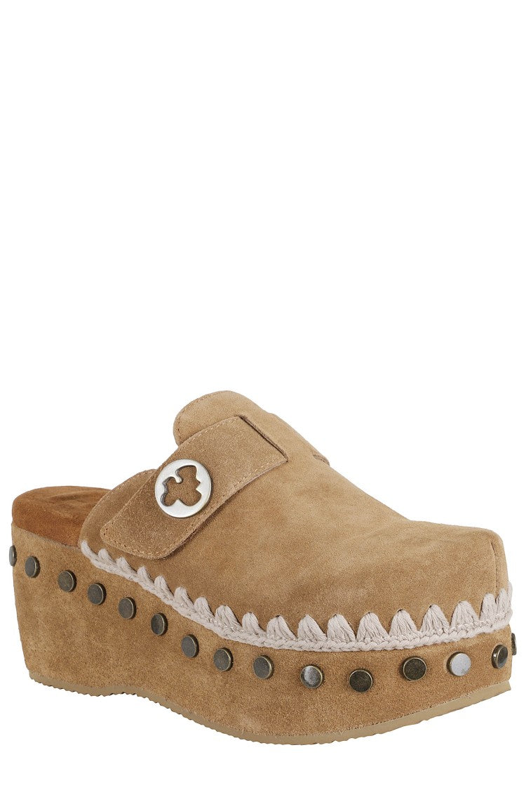 Mou Cognac Plain Crochet Trim Platform Suede Clogs