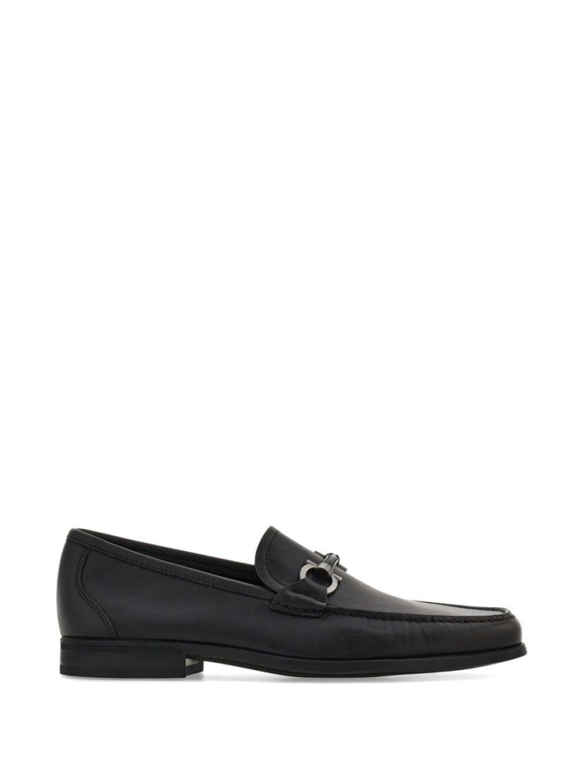 Ferragamo Black Gancini Ornament Calf Leather Loafers