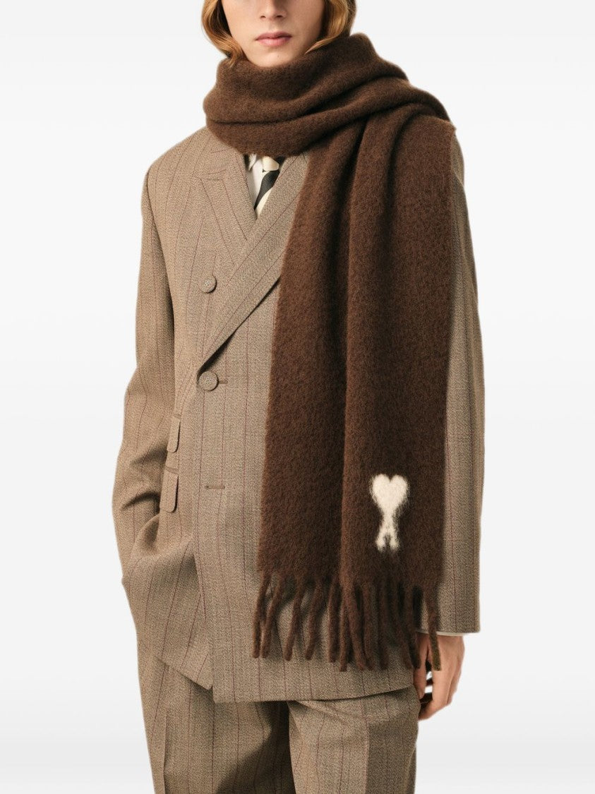 Ami Paris Brown Fringed Silk-Nylon Scarf