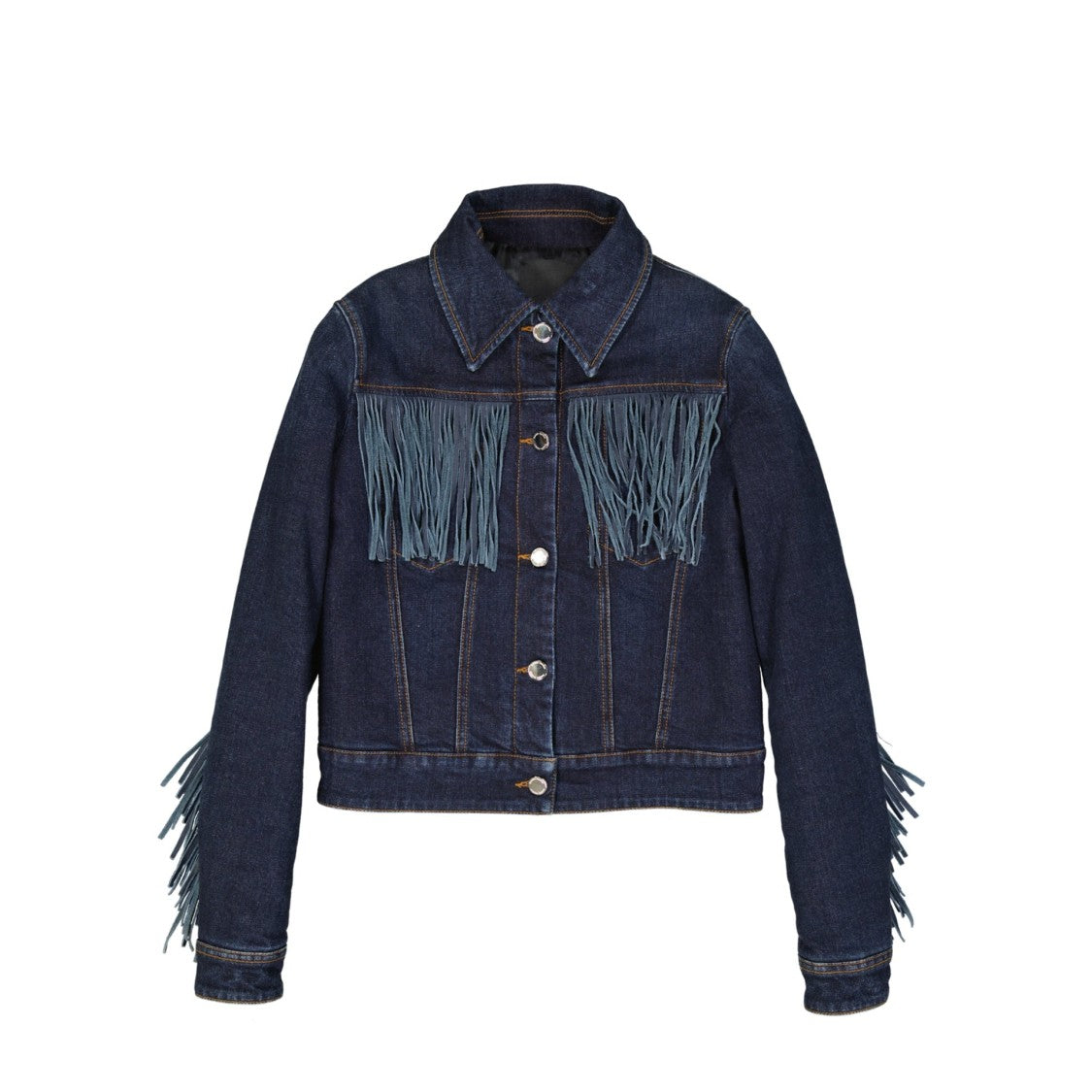 Frankie Morello Padded Denim Jacket With Leather Fringe Details