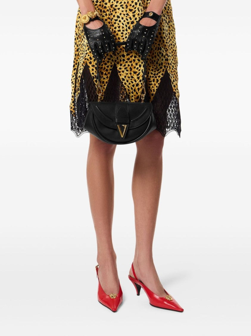 Versace Versace Virtus Small Semicircular Shoulder Bag In Black Calf Leather