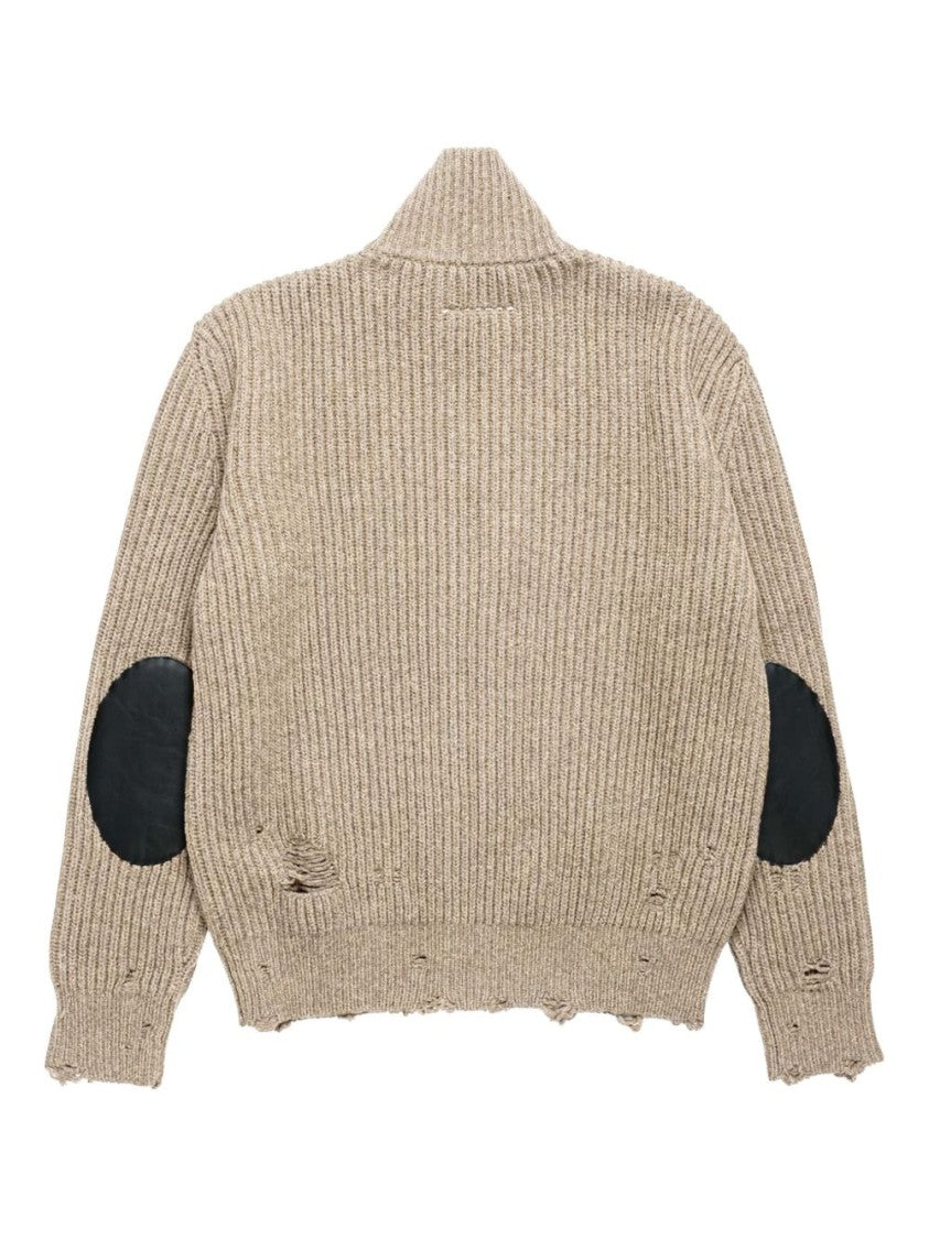 Mm6 By Maison Margiela Beige Ribbed Knit Jacket With Distressed Details