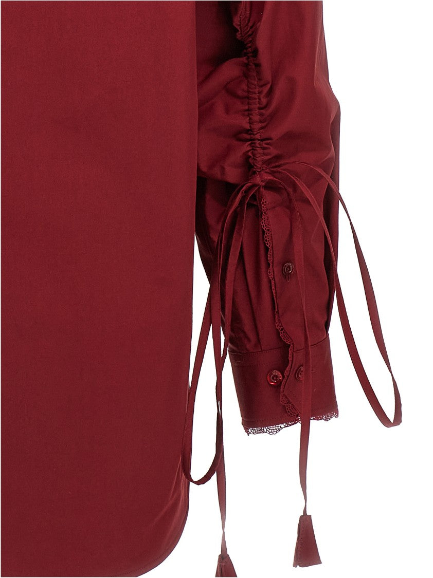 Gucci Knotted Lace Detail Long-Sleeved Shirt In Deep Red Cotton Poplin