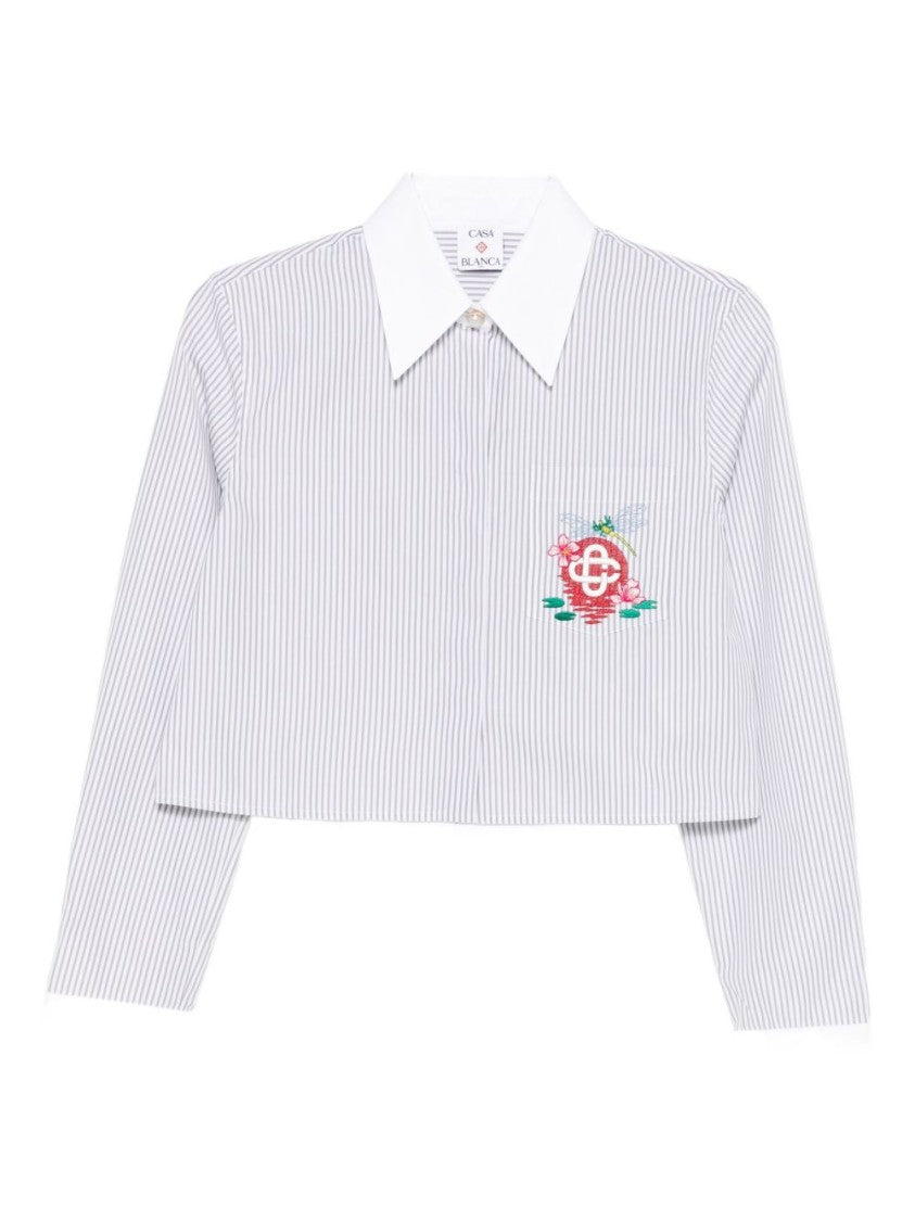 Casablanca Cropped Long-Sleeved Striped Shirt With Floral Embroidery