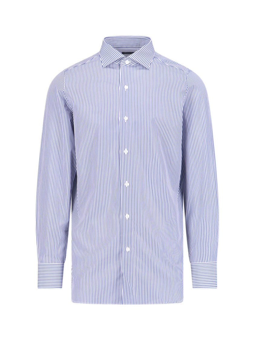 Finamore Vertical Stripe Blue Cotton Shirt With Classic Collar