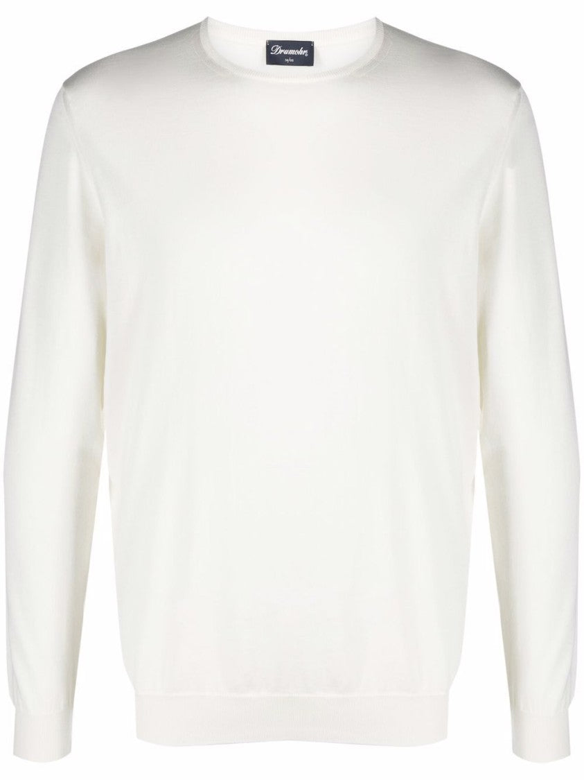 Drumohr White Crew-Neck Sweater With Ribbed Cuffs