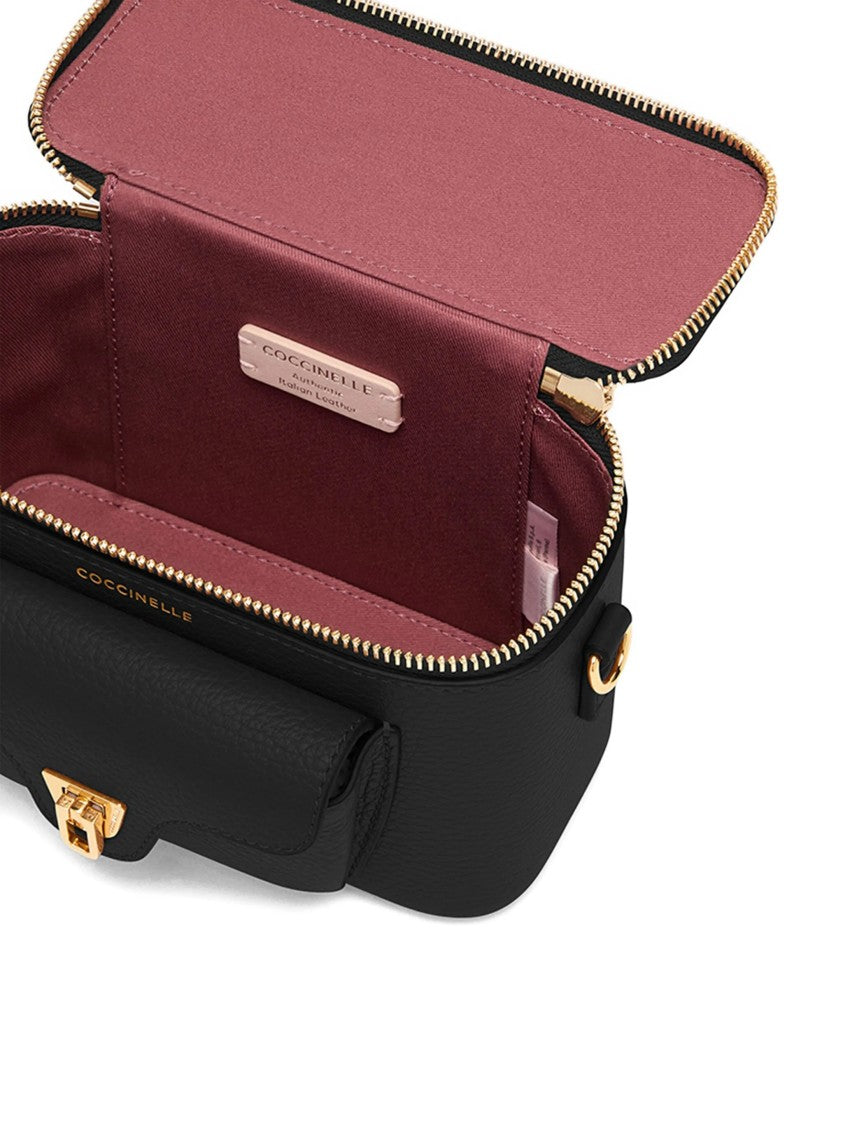 Coccinelle Structured Black Leather Shoulder Bag With Gold Accents