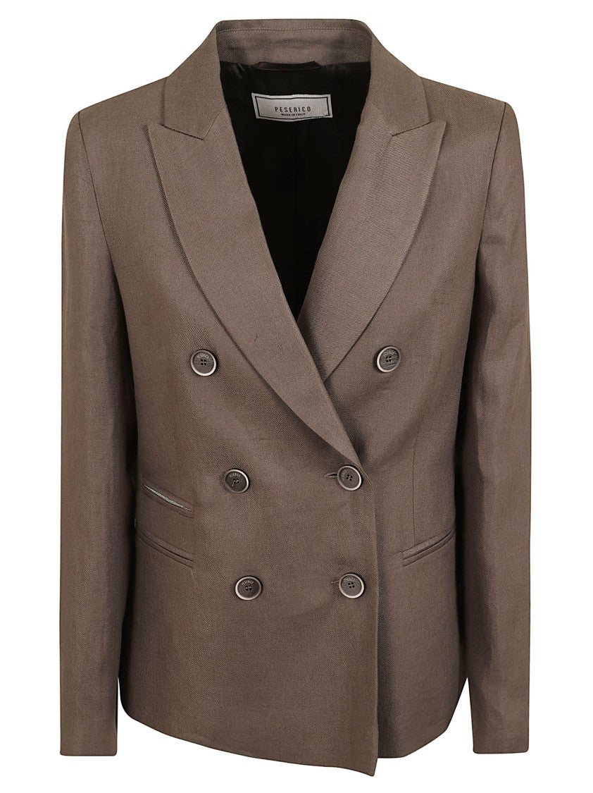 Peserico Double-Breasted Gabardine Linen Blazer With Classic Peak Lapels
