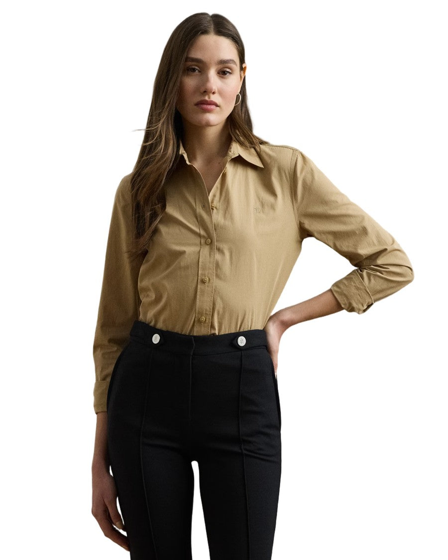 Lauren Ralph Lauren Pointed Collar Button-Front Long Sleeve Shirt In Birch Tan