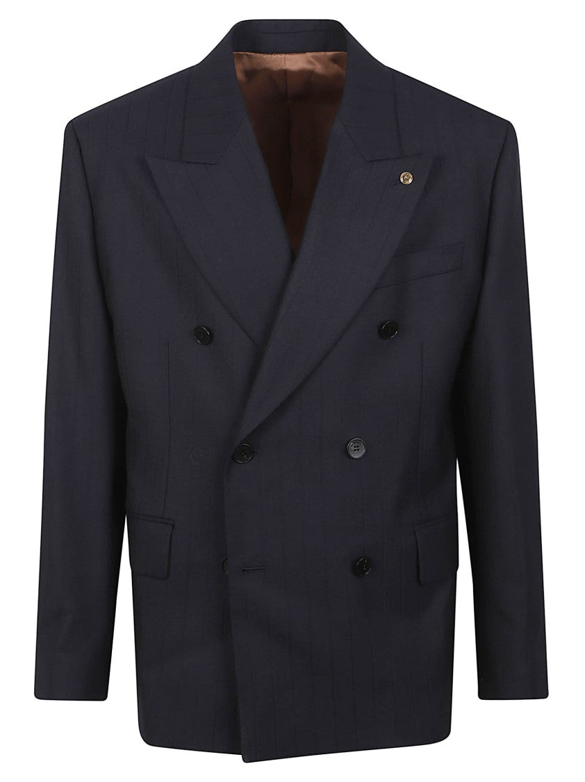 Versace Double-Breasted Pinstripe Blazer With Removable Medusa Pin