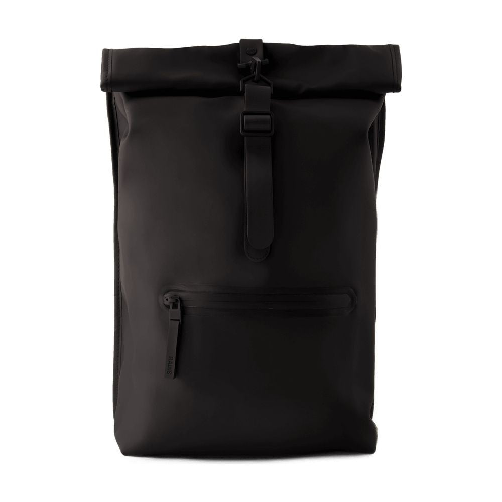Rains Minimalist Black Rolltop Rucksack With Adjustable Straps