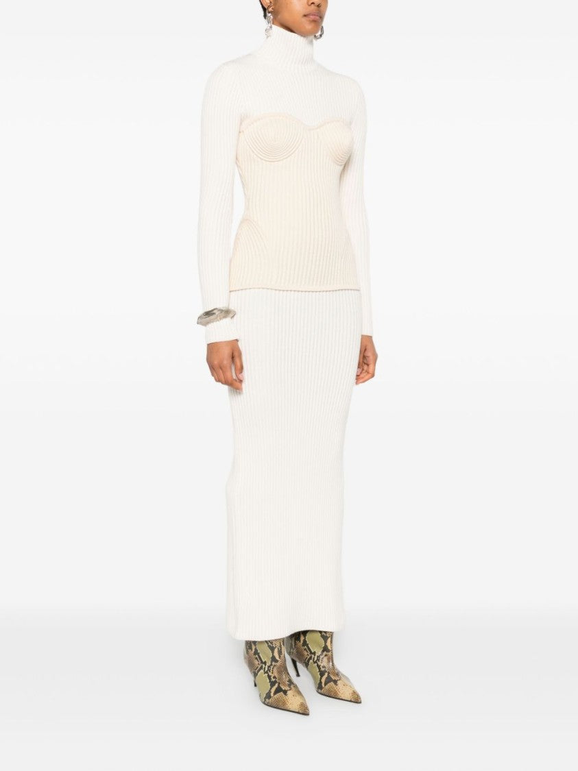 Jean Paul Gaultier Off-White Ribbed Knit Turtleneck Dress