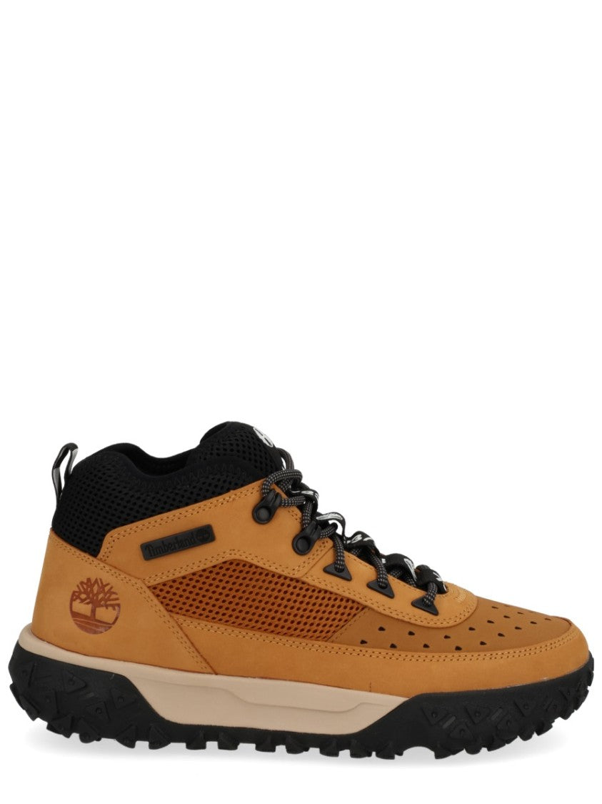 Timberland Tan Leather And Black Mesh Sneakers With Rugged Design