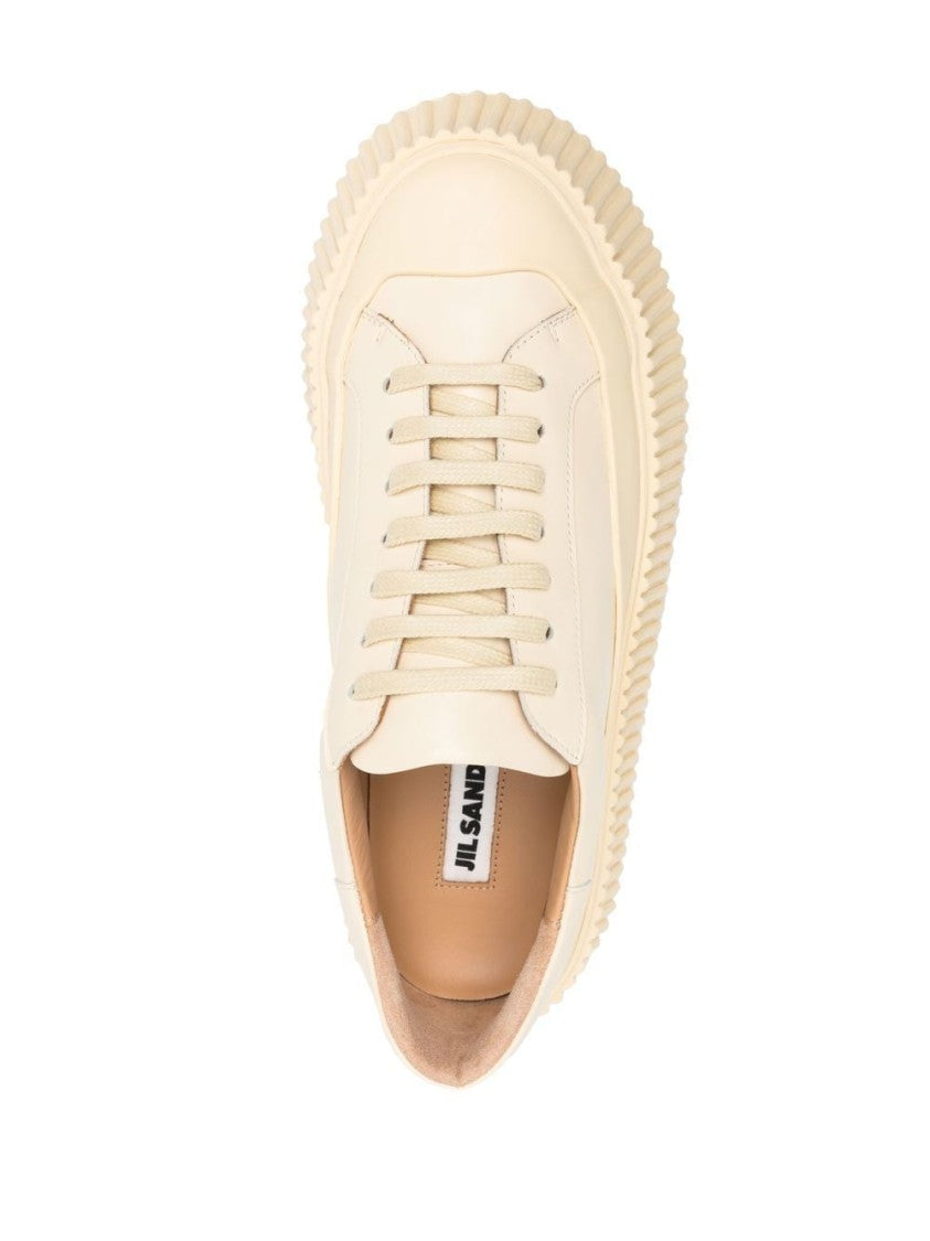 Jil Sander Monochromatic Beige Leather Sneakers With Ridged Sole