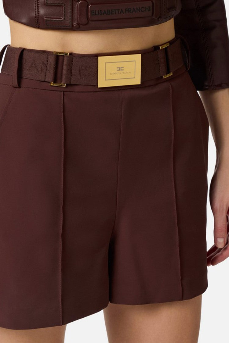 Elisabetta Franchi Brown Gold-Buckle Logo Belt Polyamide-Blend Shorts