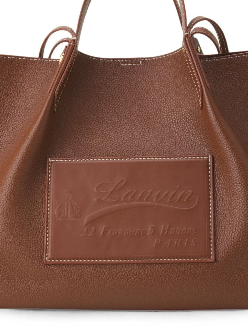 Lanvin Textured Brown Leather Tote Bag With Embossed Branding