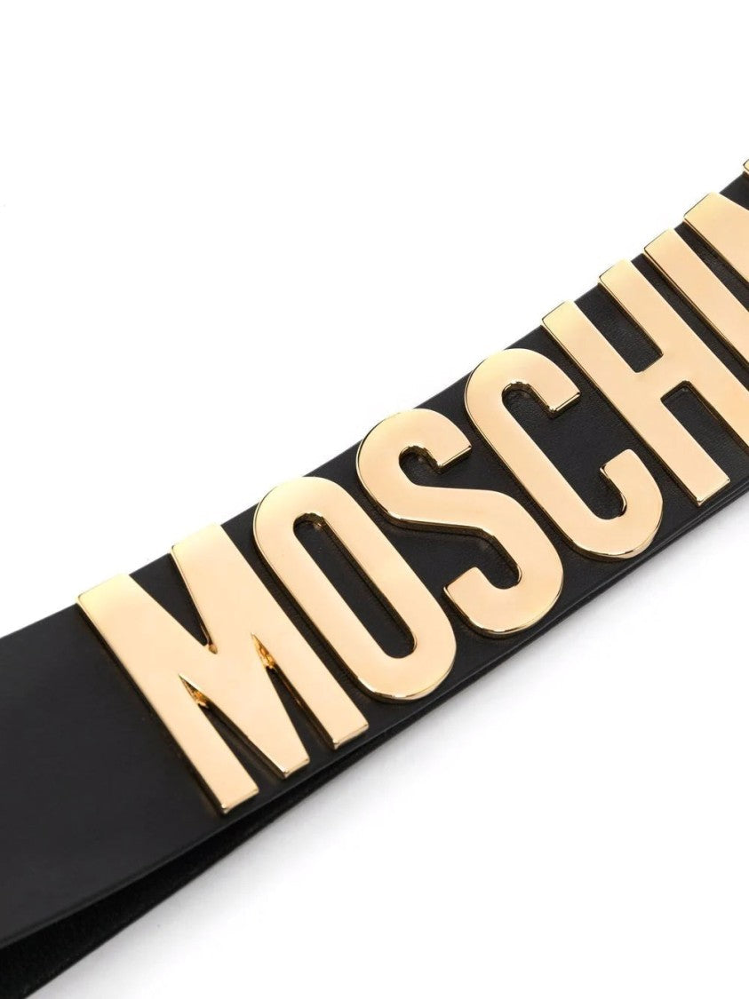 Moschino Black Leather Belt With Bold Gold-Tone Lettering