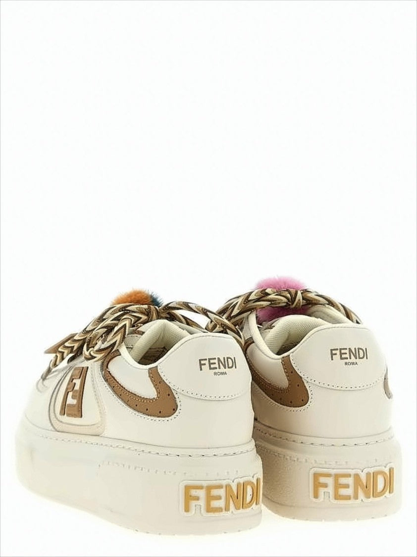 Fendi Creamy Leather Sneakers With Colorful Pom-Poms
