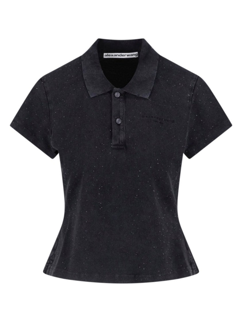 Alexander Wang Black Crystal Shrunker Cropped Cotton Polo Shirt