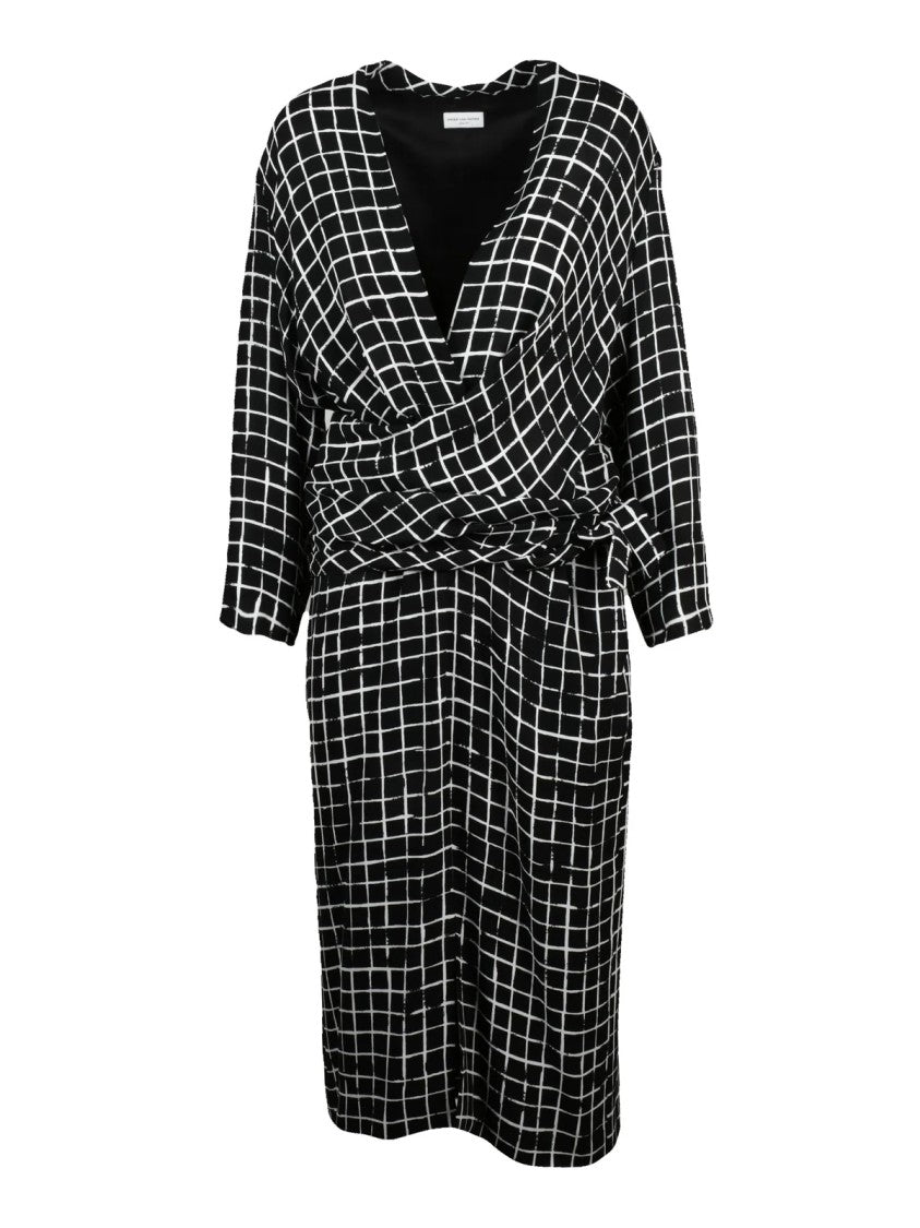 Dries Van Noten Black/White Belted Viscose Grid Print Midi Dress