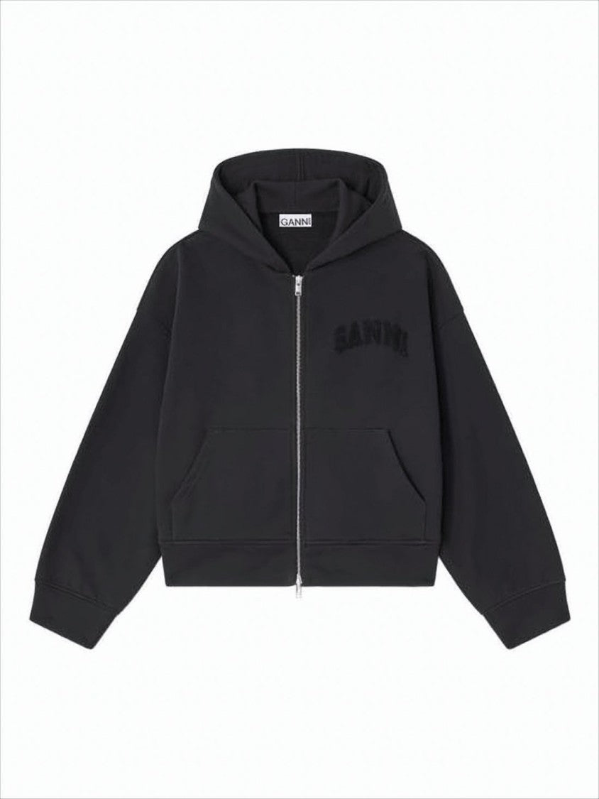Ganni Cropped Black Organic Cotton Hoodie