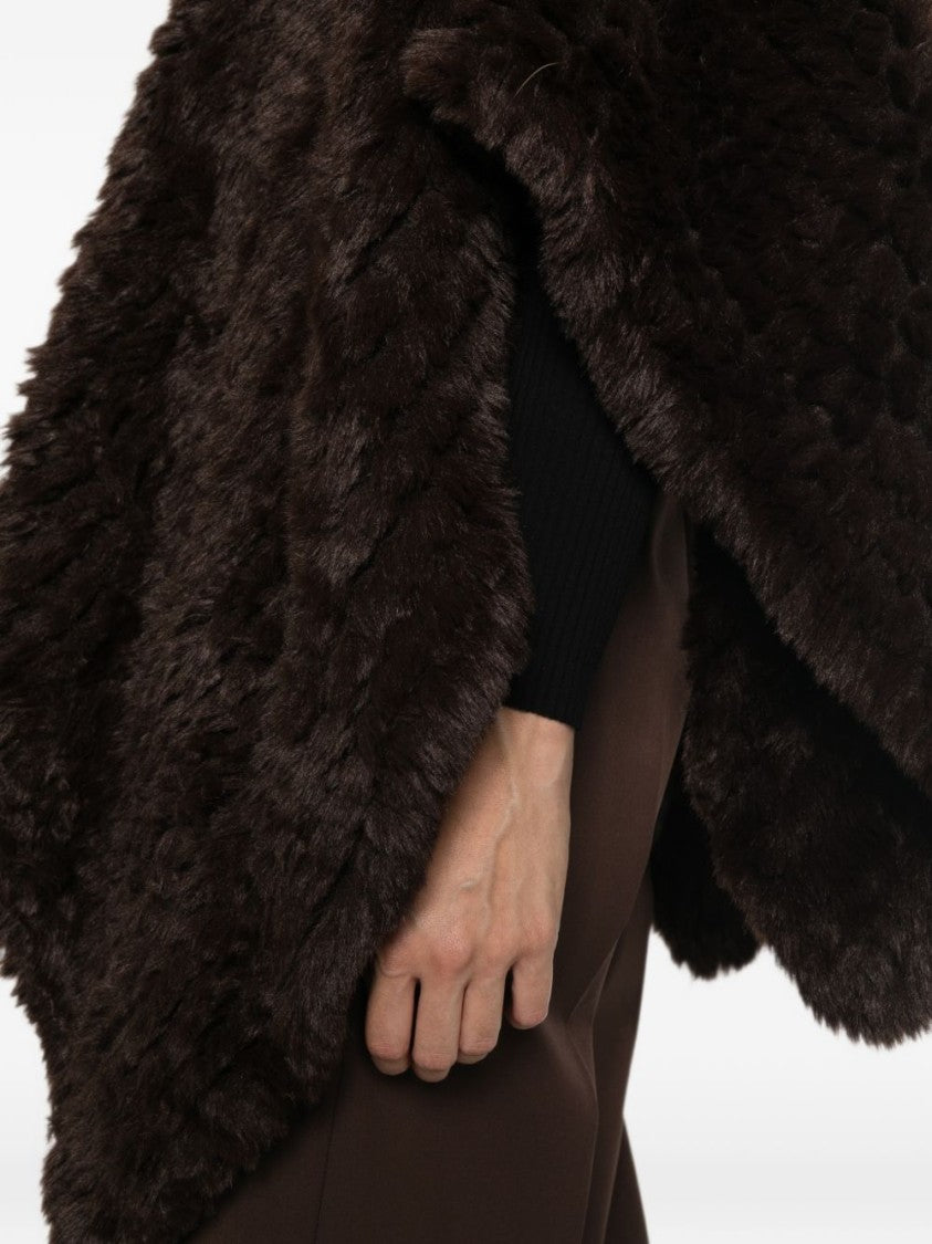 Pinko Brown Plush Textured Wide Arm Openings Faux Fur Cape