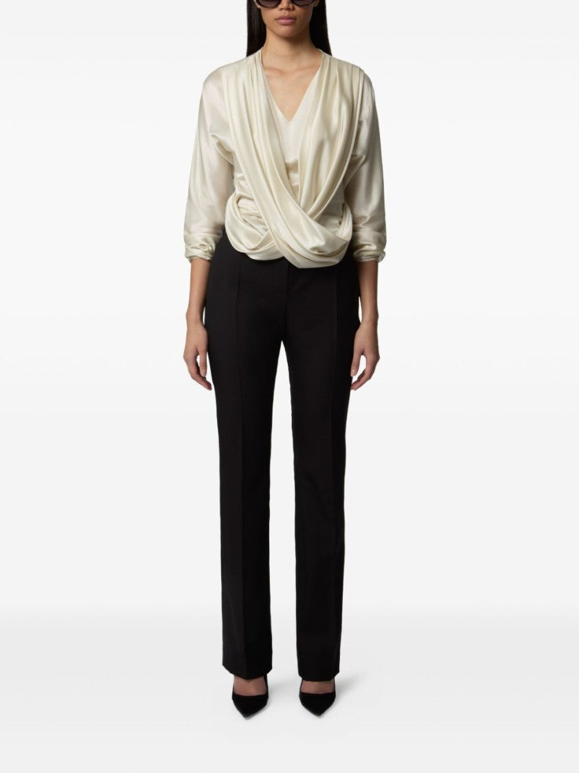Nina Ricci White Satin Long-Sleeved Top With Crossover Draping