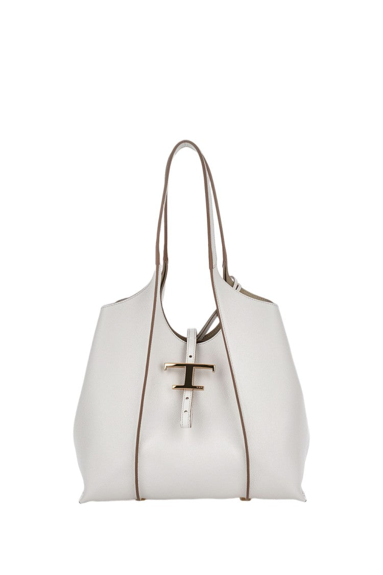 Tod's Structured White Leather Shopping Bag With T Timeless Pendant