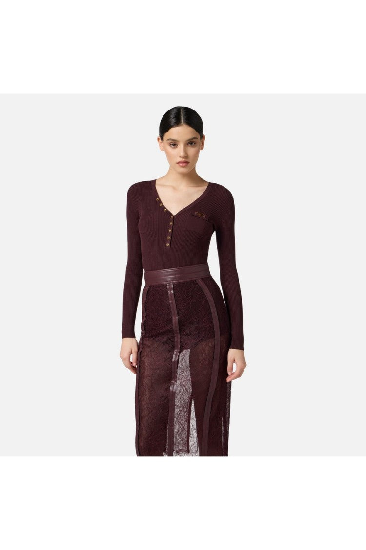 Elisabetta Franchi Merlot Ribbed V-Neck Lyocell-Blend Sweater