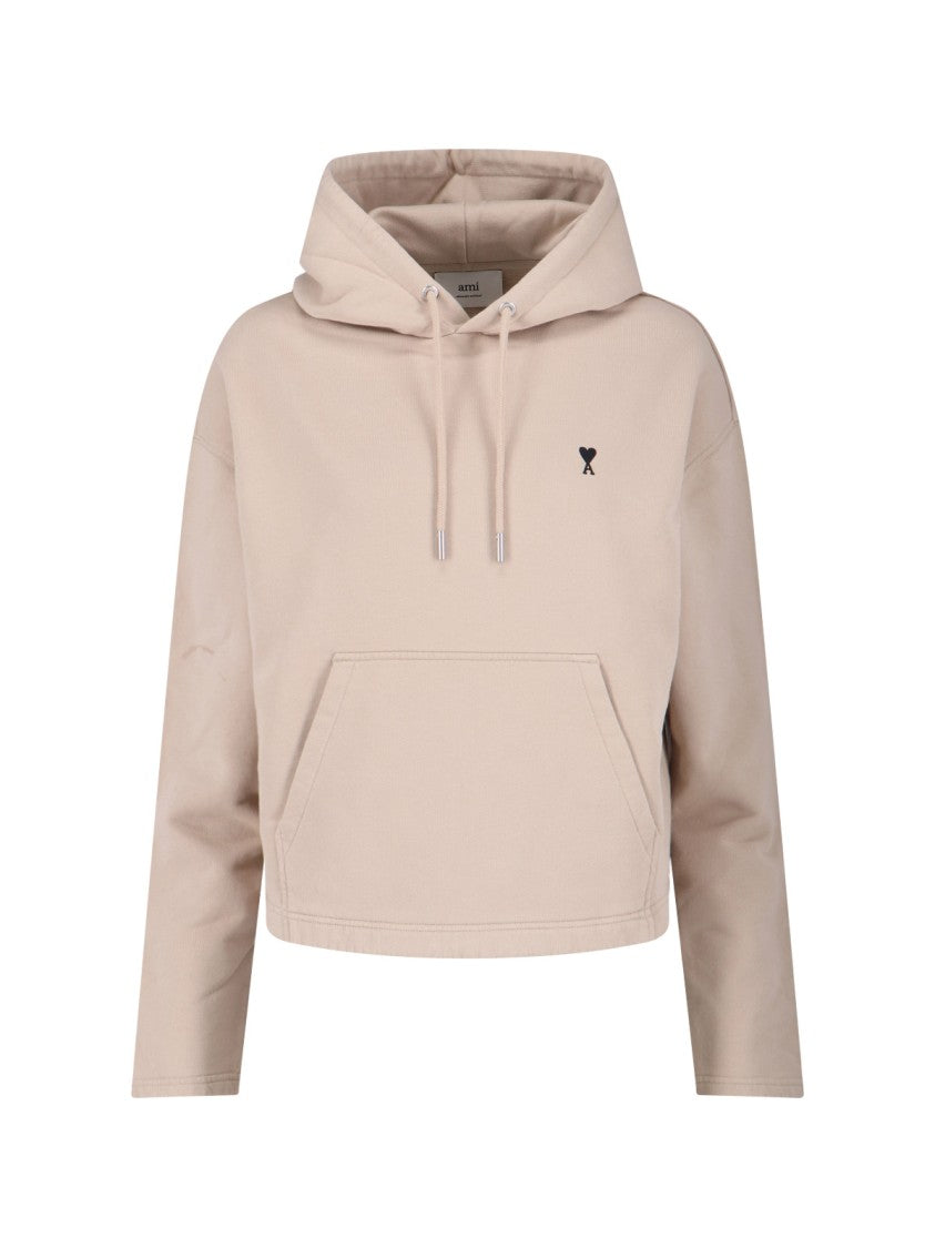 Ami Beige Cotton Hoodie With Drawstring And Logo Embroidery