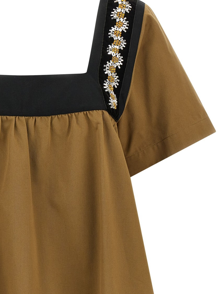 Prada Flared Cotton Gabardine Top With Geometric Neckline And Crystal Embellishments
