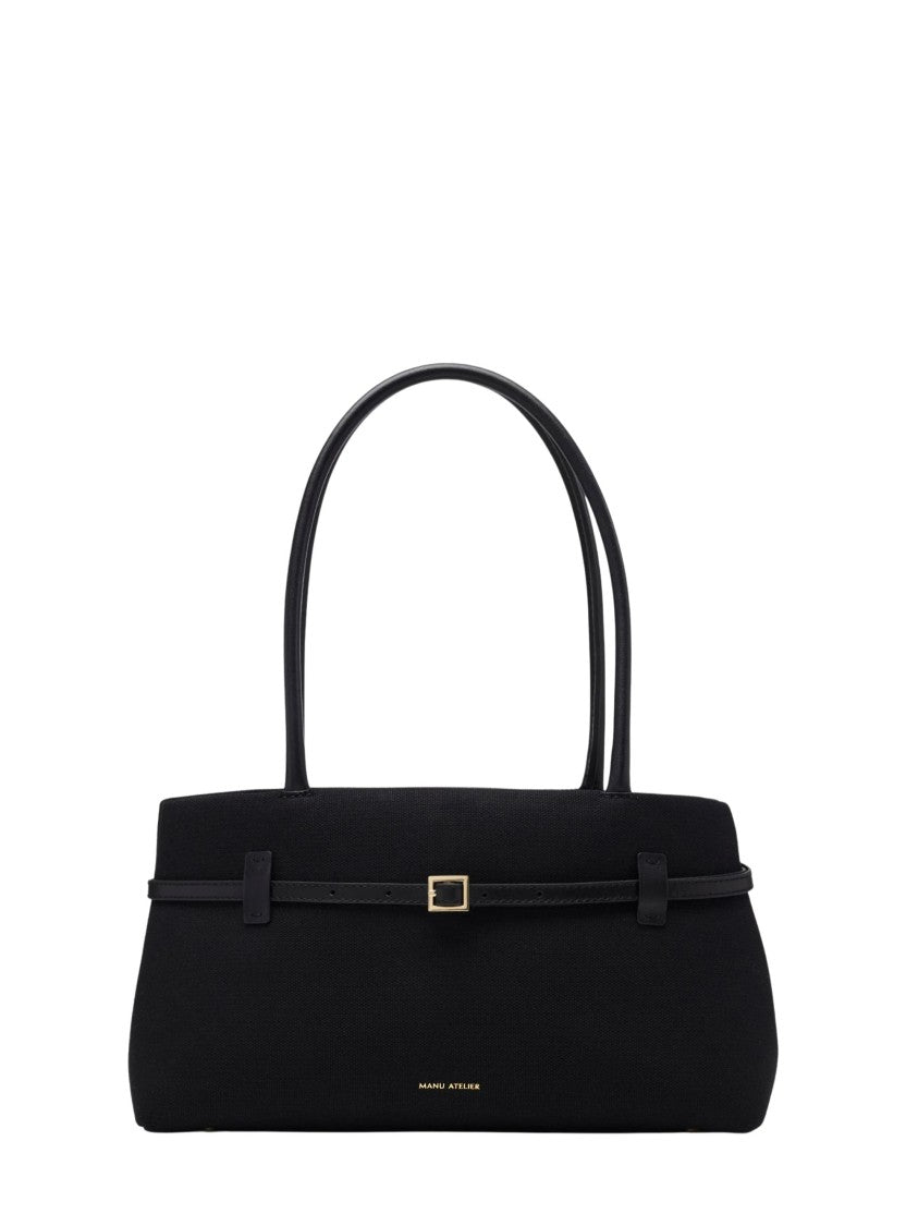 Manu Atelier Black Slim Belt Detail Leather Shoulder Bag