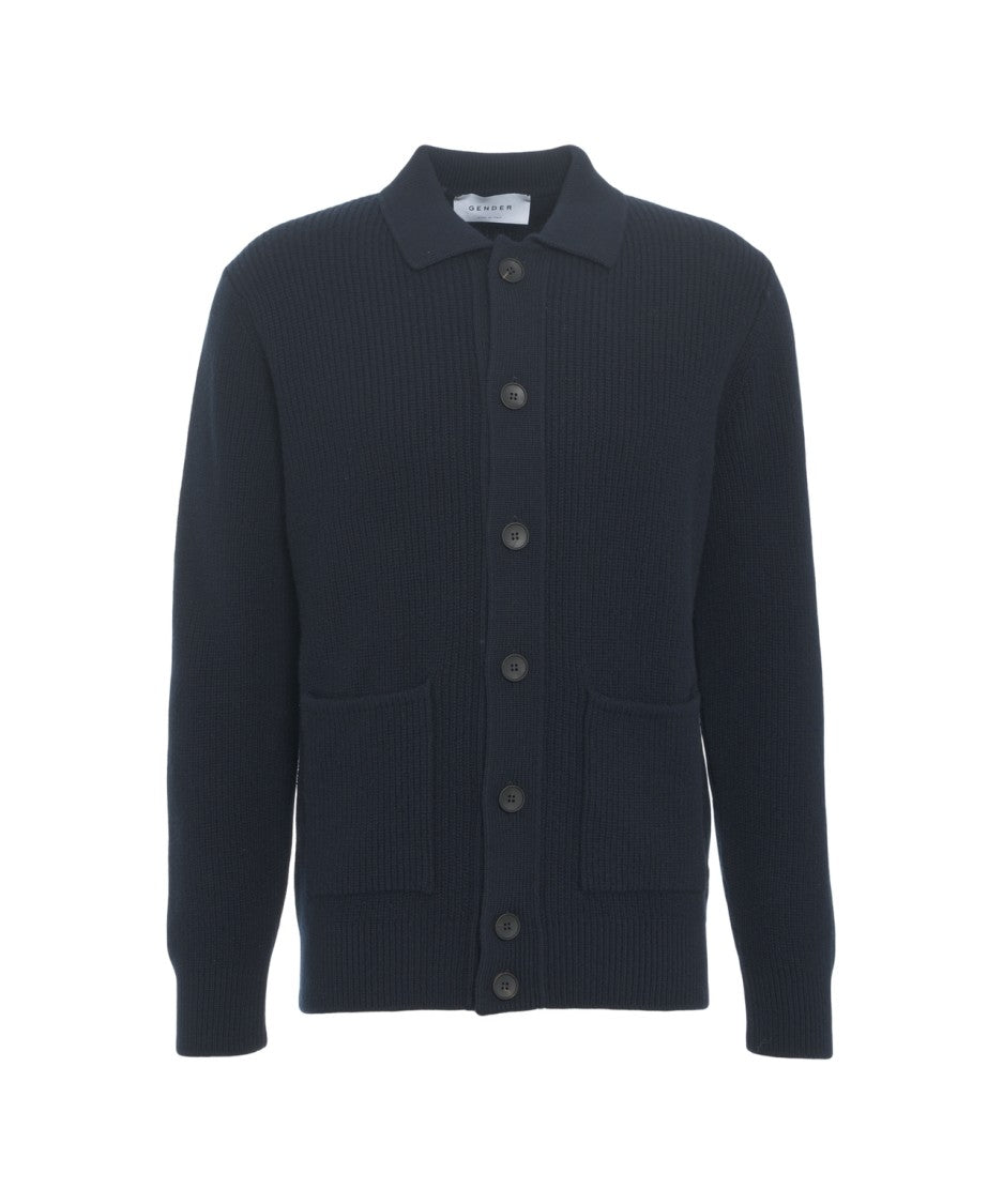 Gender Ribbed Knit Jacket With Classic Collar And Functional Pockets
