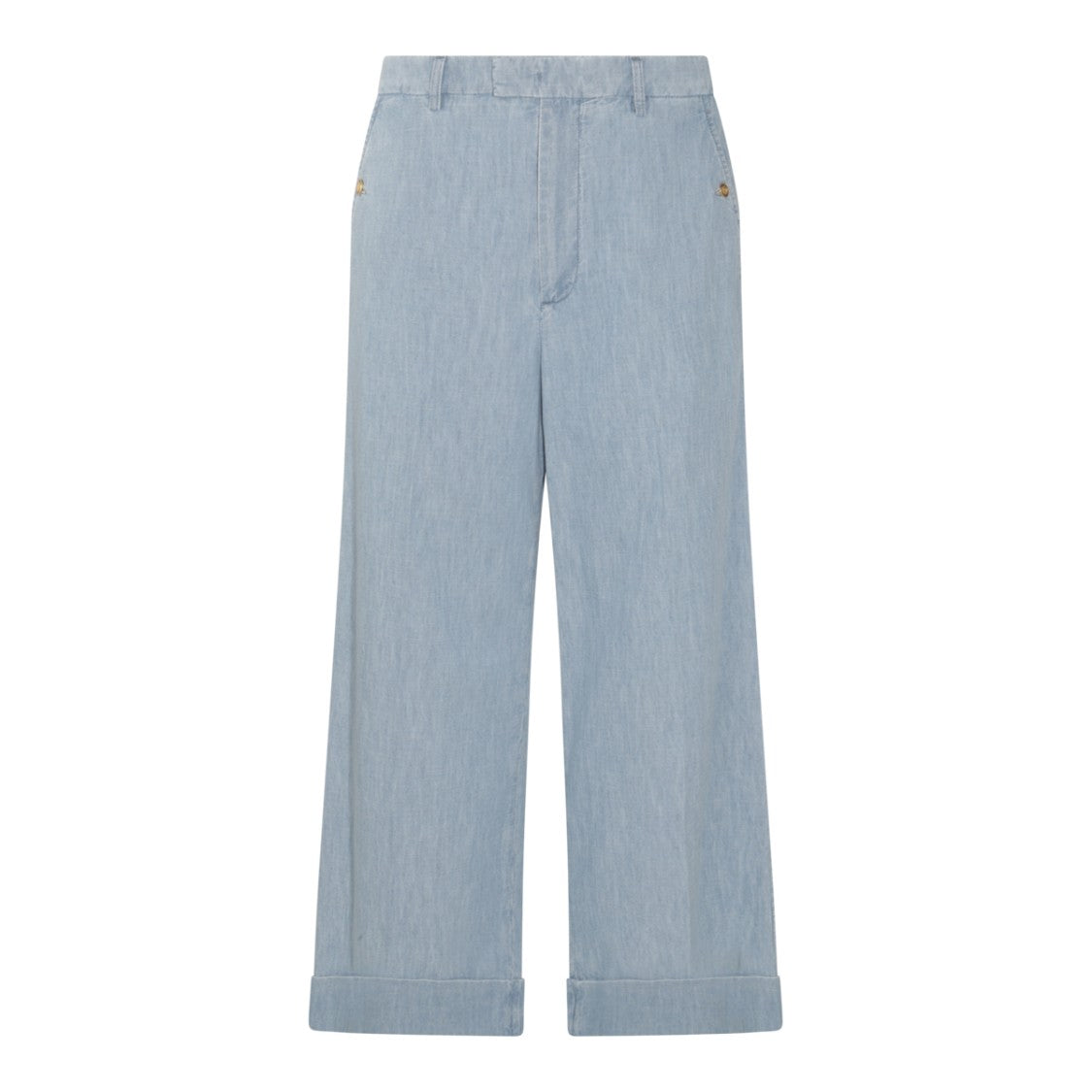 Valentino Light Blue Cotton Denim Trousers With Cuffed Hems And Signature Details