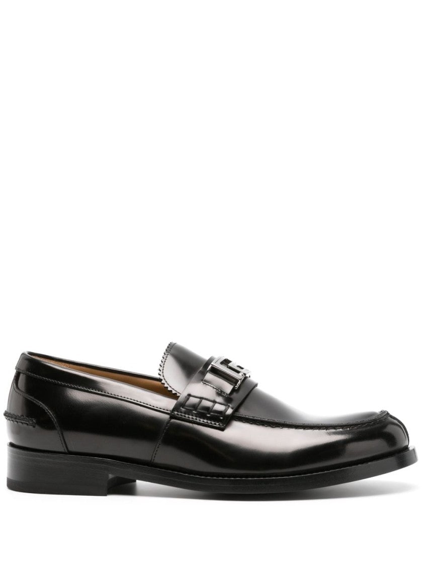 Versace Signature Greca Black Calf Leather Flat Shoes