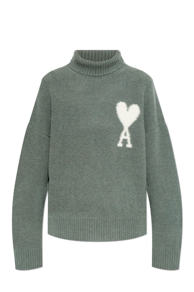 Ami Paris Grey Turtleneck Sweater With Ribbed Details And Heart Logo