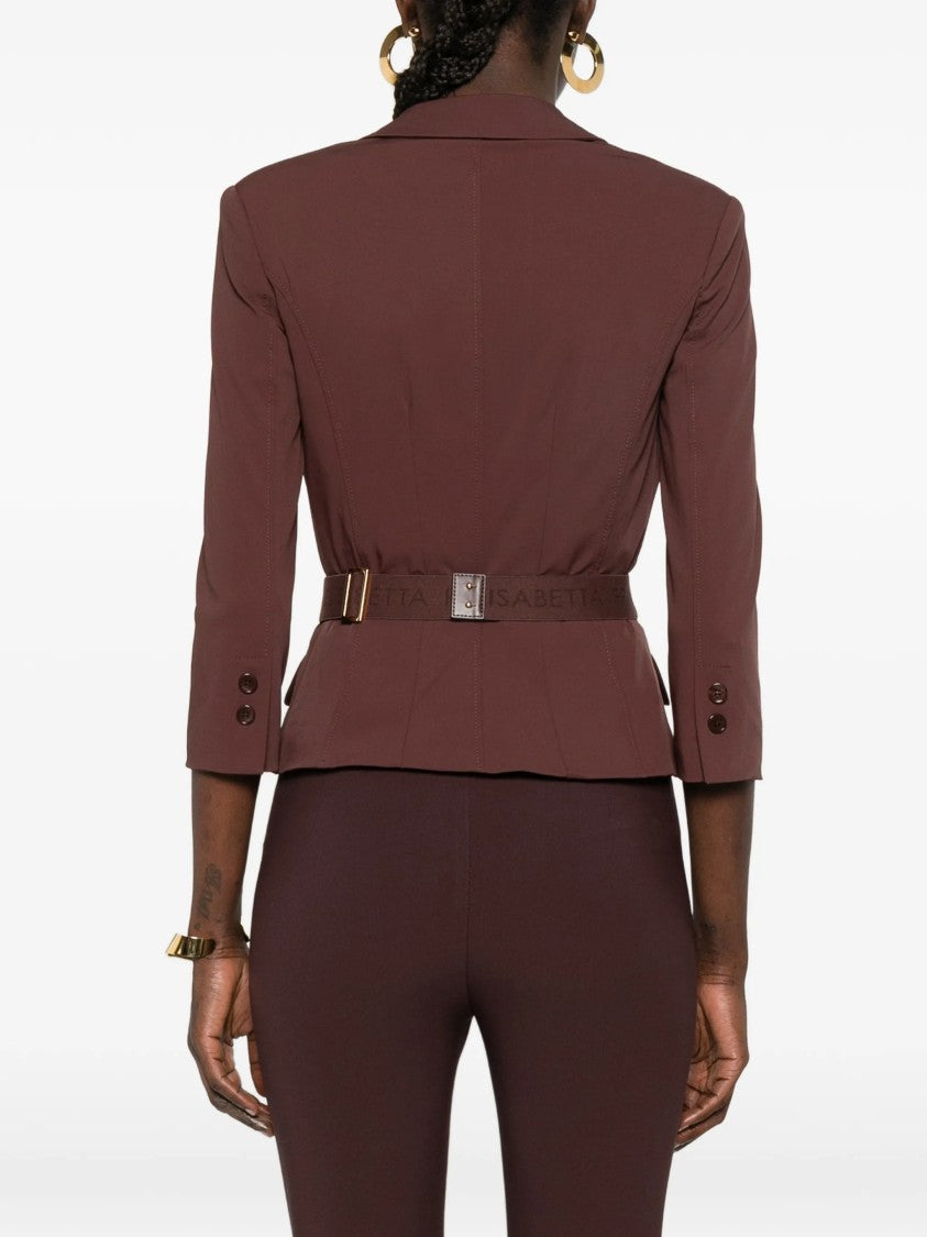 Elisabetta Franchi Double-Breasted Tailored Brown Belted Jacket