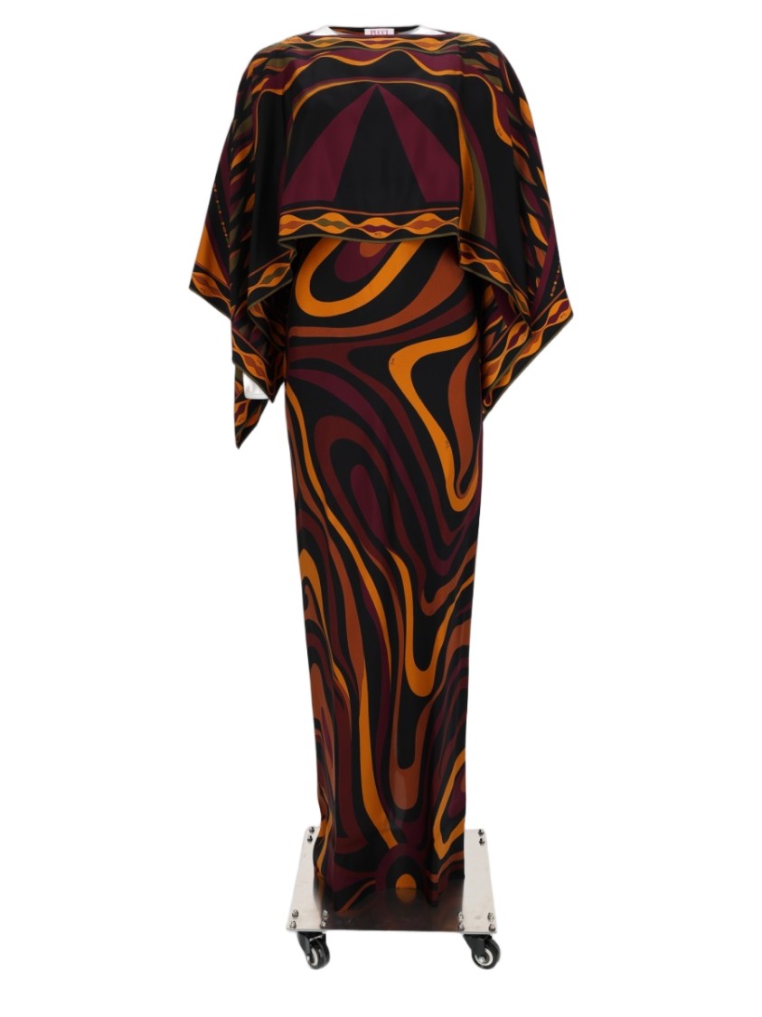Pucci Burgundy Abstract Cape Overlay Silk Maxi Dress