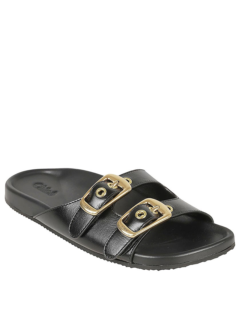 Chloé Contoured Black Leather Sandals With Gold-Tone Buckles