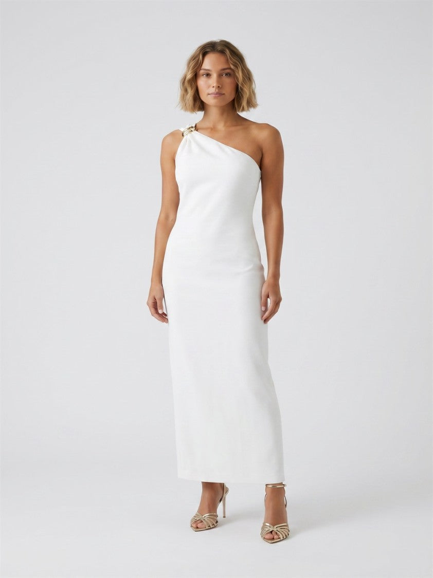 Elisabetta Franchi Ivory One-Shoulder Golden-Jewel Viscose-Blend Evening Dress