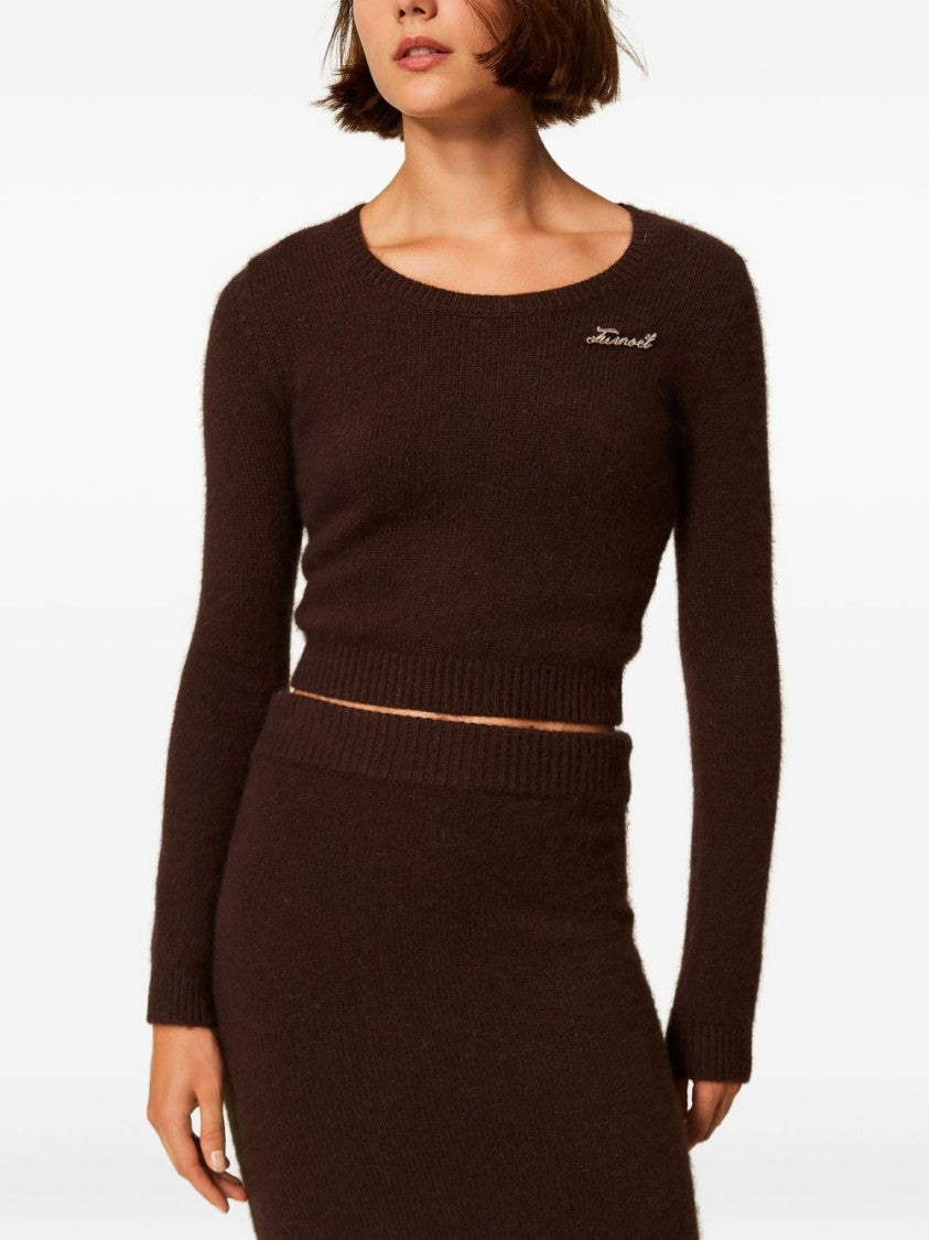 Twin-Set Cropped Long-Sleeved Sweater With Fuzzy Texture