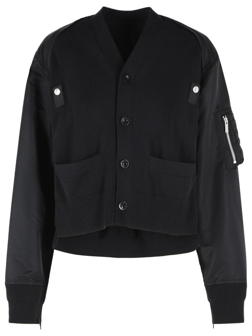 Sacai Black Cotton Blend Cardigan With Ribbed Detailing And Functional Pockets