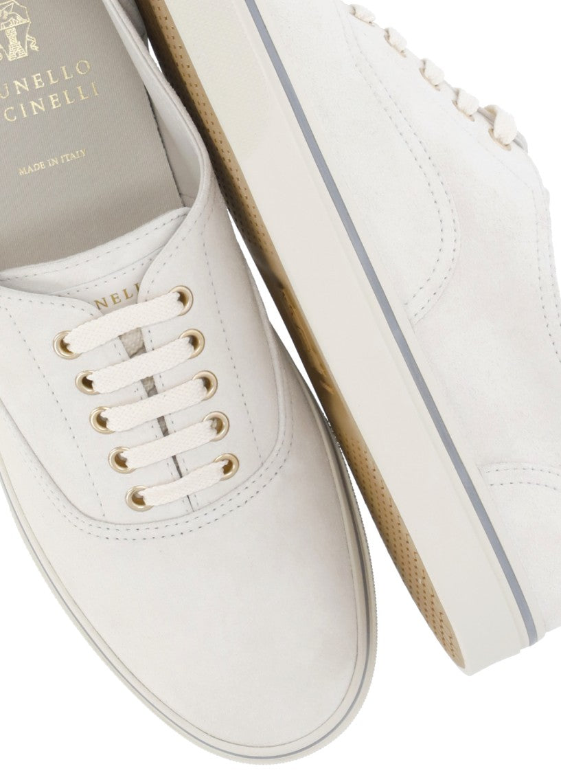 Brunello Cucinelli Ivory Suede Leather Laced Sneakers