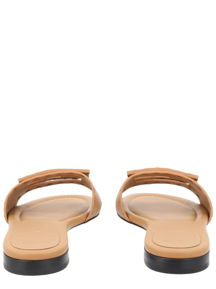 Fendi Textured Calf Leather Slides With Geometric Embellishment