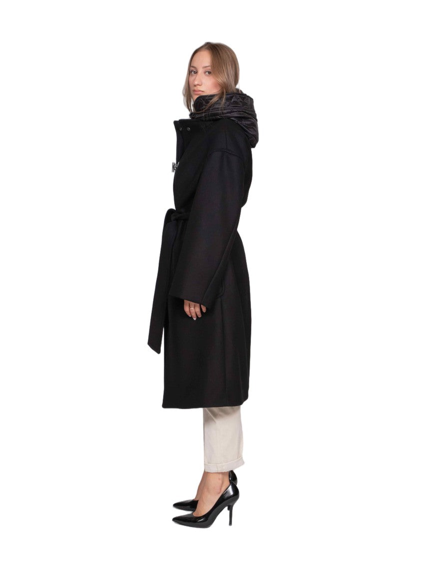 Fay Mid-Calf Length Black Coat With Quilted Hood And Belted Waist