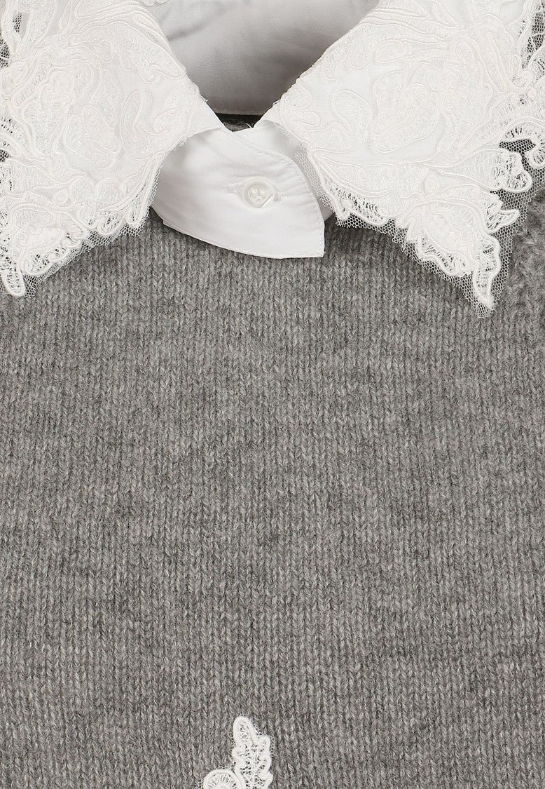 Ermanno Scervino Grey Cashmere Knit Sweater With Lace Trim
