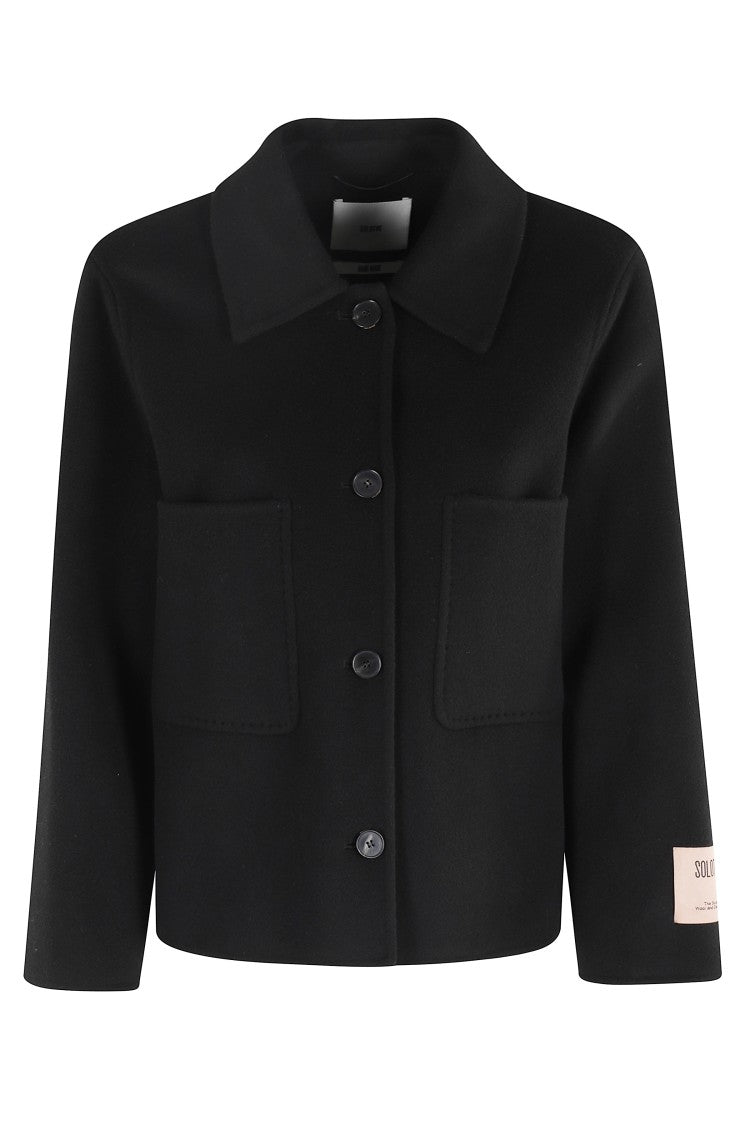 Solotre Short Black Coat With Classic Collar And Button Closure