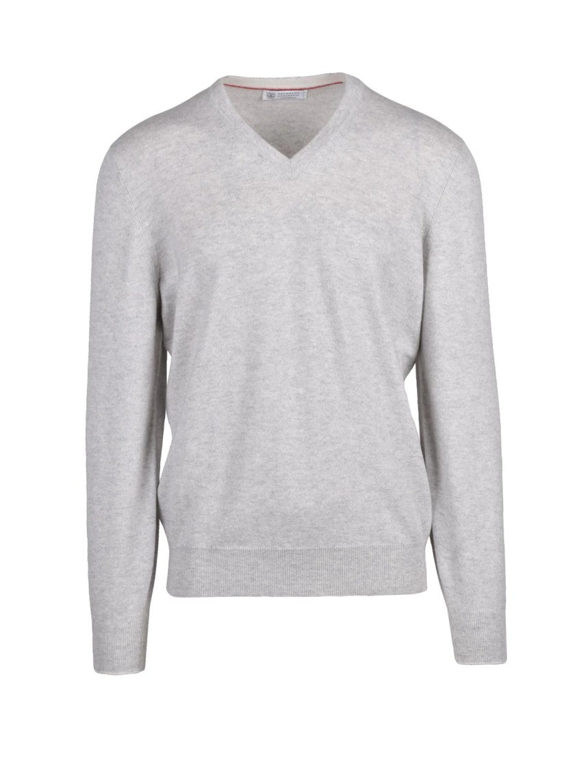 Brunello Cucinelli Light Grey Cashmere V-Neck Sweater With Ribbed Detail