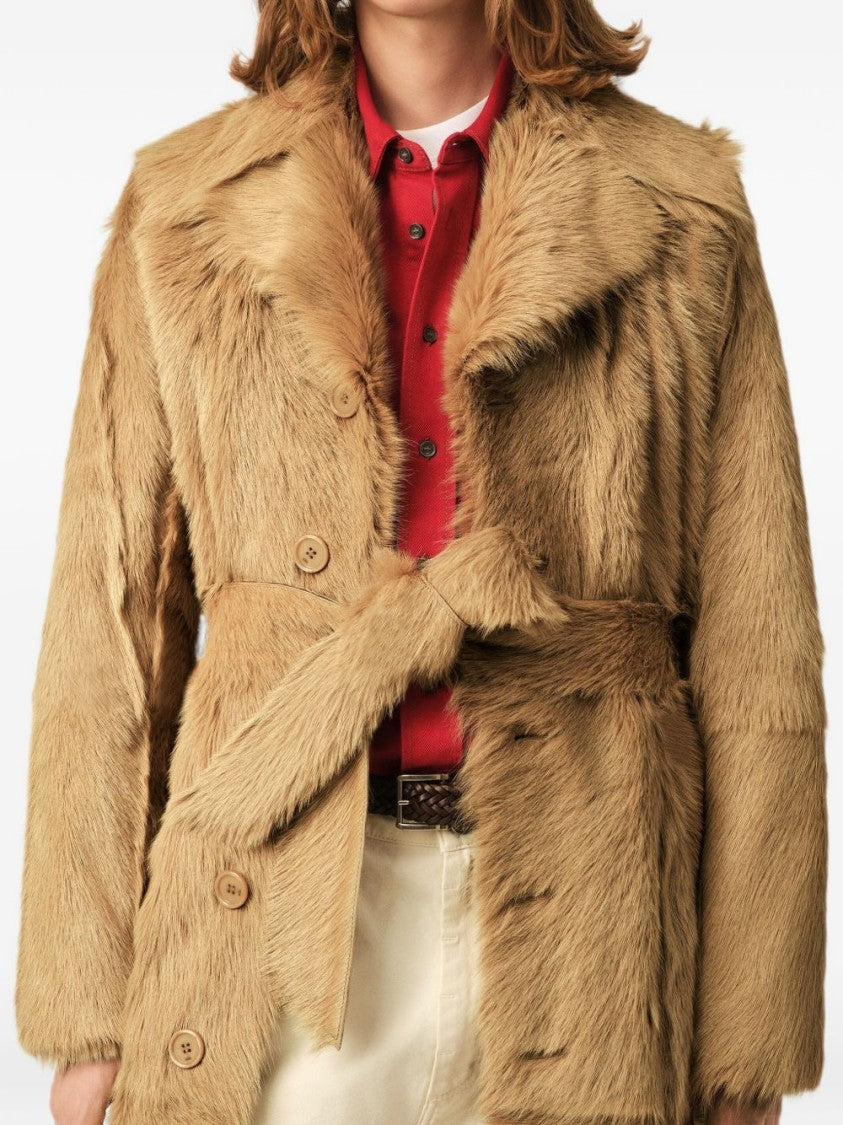 Ami Paris Double-Breasted Camel Coat With Textured Fur-Like Fabric