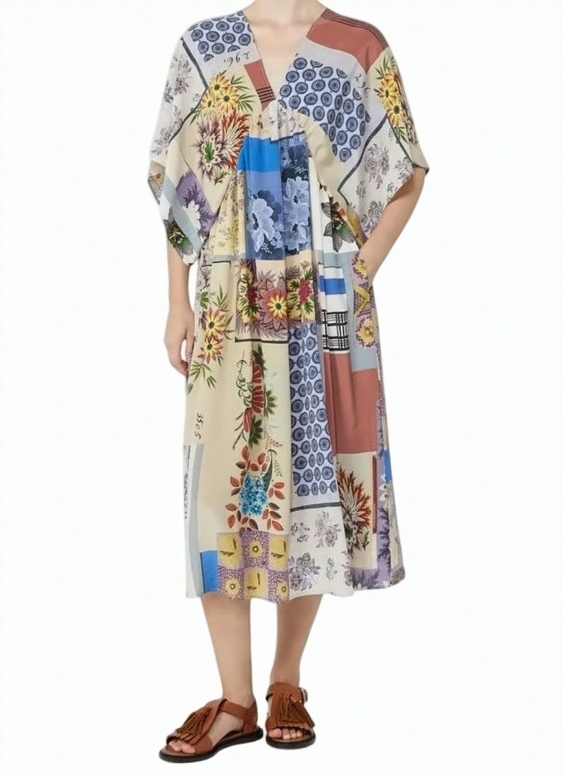 Weekend Multicolor Patchwork Floral V Neck Dress